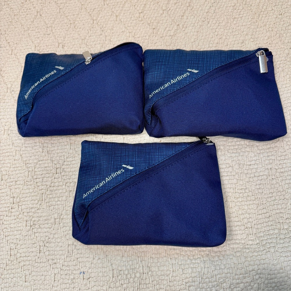 Lot of 3 American Airlines First Class Amenity Kits Navy Blue Toiletry Bags